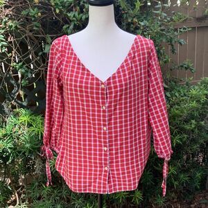 Madewell Women's Size S Red & White Marie Tie Cuff Gingham Blouse